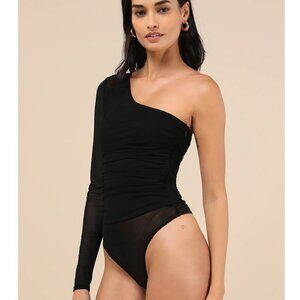 Lulus Tristina Black Ruched One-shoulder Bodysuit - Size S